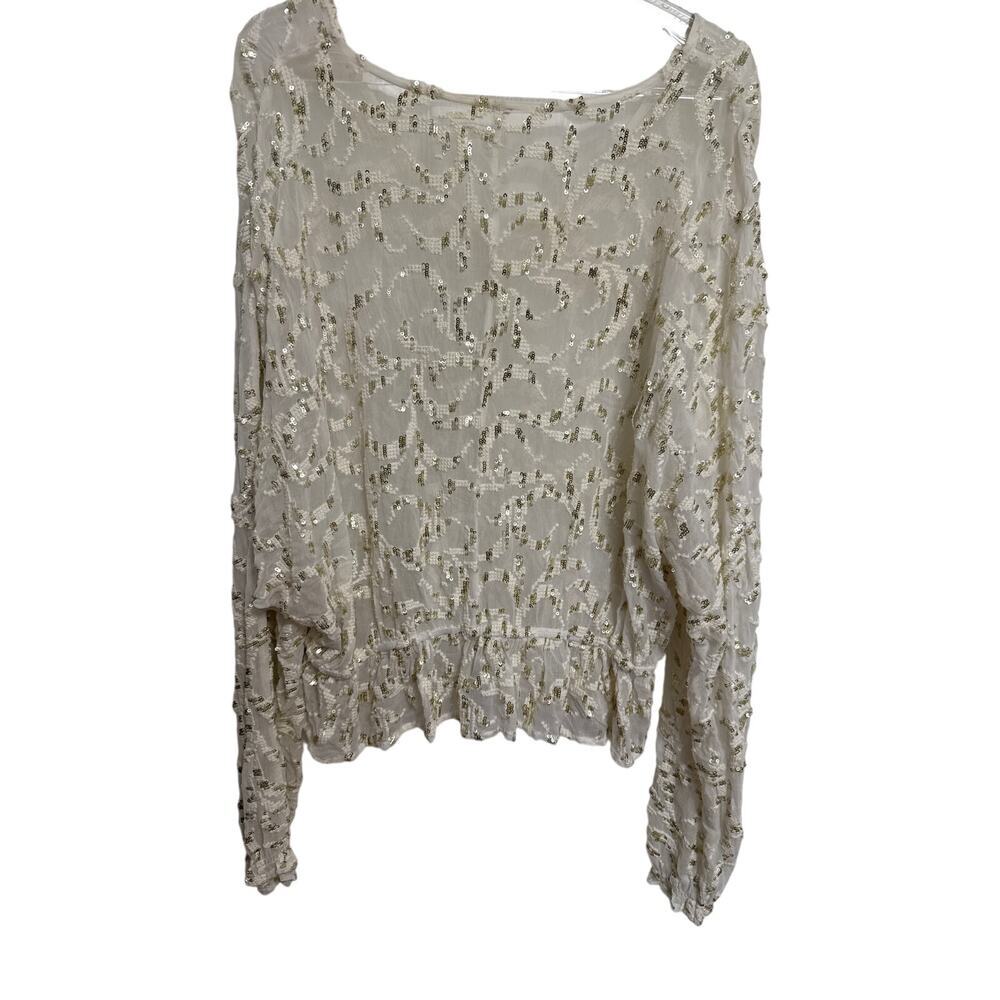 Free People Smile Away Sheer Top Ivory/Gold/Sequins Ruffle Trim Embroidery Small - Picture 6 of 11